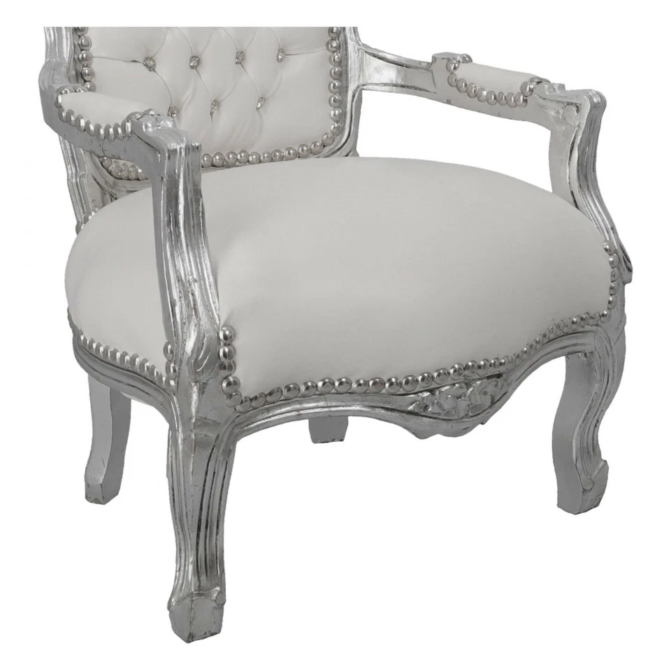 Poltrona con braccioli barocco in foglia argento pelle bianca BAMBINI CAMERETTA - Immagine 4 di 4