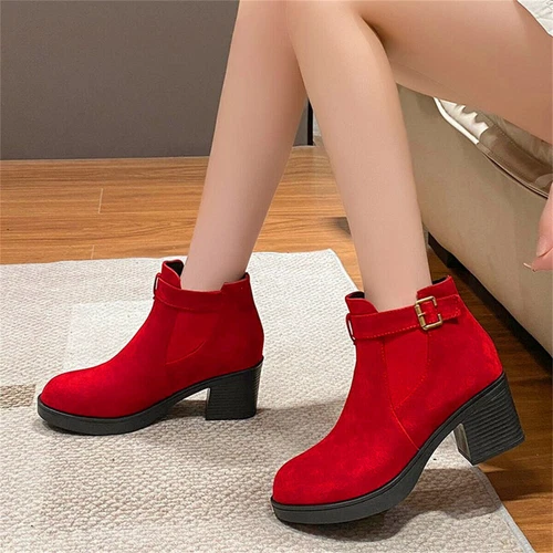 Modische Damen-Stiefeletten rund geschnitten Blockabsatz Schnalle Stern Chelsea-Schuh - Bild 8 von 23