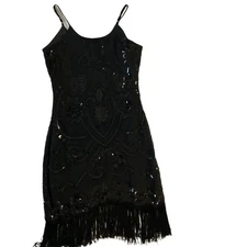Verty Black Sequined Fringe Hem Sleeveless Spaghetti Straps Flapper Dress Medium