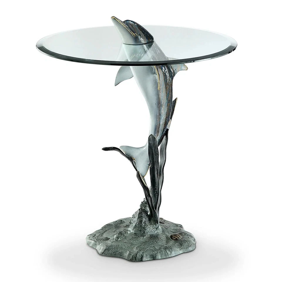 Surfacing Dolphin End Table Aluminum Glass Home Decorative Collectible - Image 3 of 3