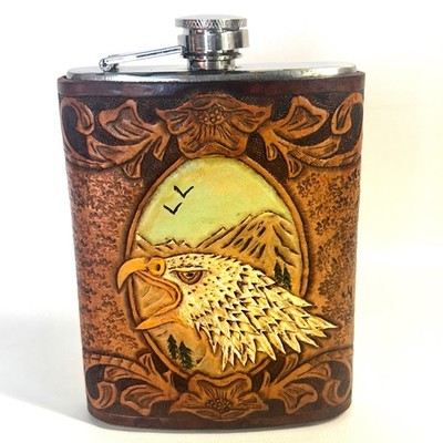 8oz Stainless Steel Hip Flask Genuine Leather Eagle Scene Whiskey Western Flask