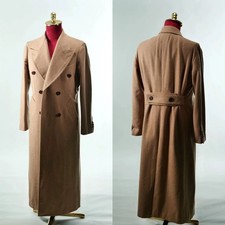 Wool Men's Long Overcoat with Belt Wide Peak Lapel Double Breasted Outdoor Coat