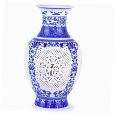 Blue and White Ceramic Vase, Chinoiserie Blue Porcelain Vase, Vintage 1-GY 11"