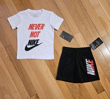 NEW Nike Toddler Boy Tee  Dri-fit Short Set, White/Black 2T 