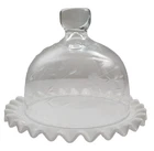 Vintage Milk Glass Hobnail Ruffled Edge 6" Under Plate + Etched Glass Cloche