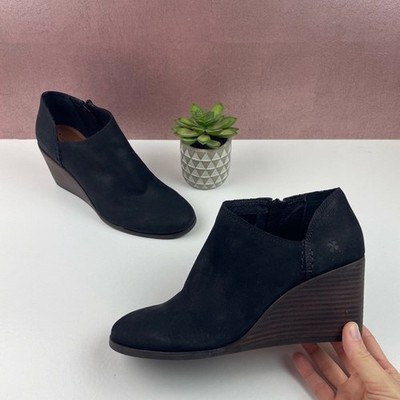 Lucky Brand Zemlin Black Brown Leather Wedge Bootie Shoes Women Size 8.5