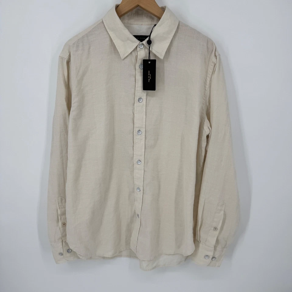 Camisa Rag & Bone New York Para Hombres Lino Manga Larga Mediana Beige Crema Nueva con Etiquetas Foto 2 de 4