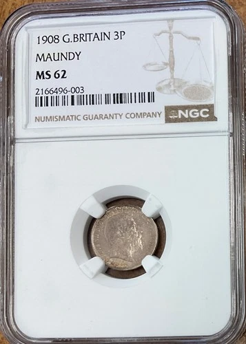 1908 Great Britain 3 Pence Maundy NGC MS62, light toning.