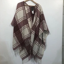 Banana Republic Wrap Plaid Red Cream Fringe Poncho Cape Shawl OS One Size NWT