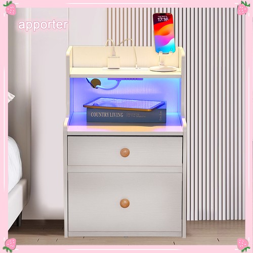 Nightstand 2X With Charging Station Bedside Table With 2 Drawers LED Light - Picture 2 of 9