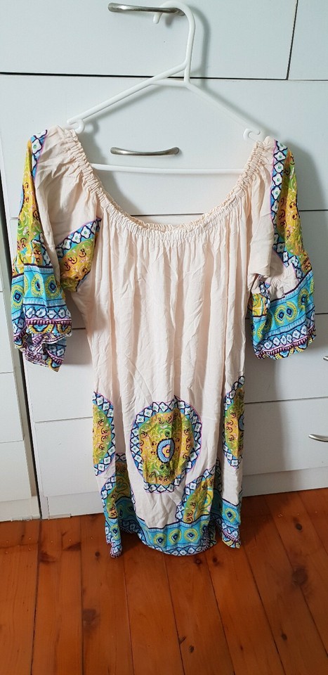 BOHO AUSTRALIA Kaftan Short Dress Off shoulder Size M Beach  B12