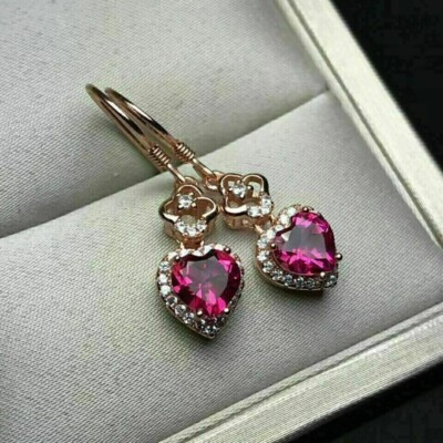 Heart Simulated Pink Ruby Gorgeous Drop Dangle Earring In 14K Yellow Gold Plated