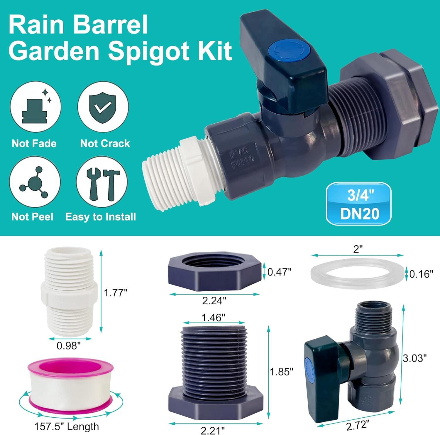 2 Pack Rain Barrel Diverter Kit, 3/4 Inch PVC Garden Water Barrel