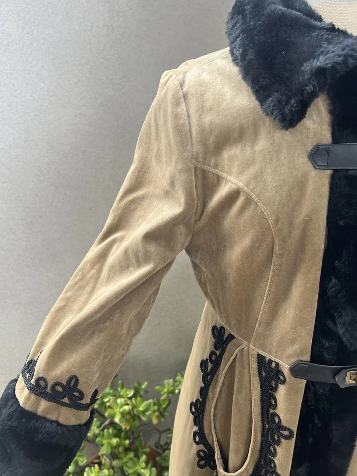 Vtg 60s Bohemian Coat Faux Suede Leather Fur S/M Tan Black - Image 2 of 4