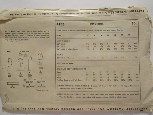 Fab VTG 50s SIMPLICITY 4133 Boys Robe in 2 Versions & Tie Belt PATTERN 8/26C - Picture 4 of 4