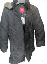 Faded Glory American Women Hooded Puffer Jacket Long Full Zipper Black Siz Small