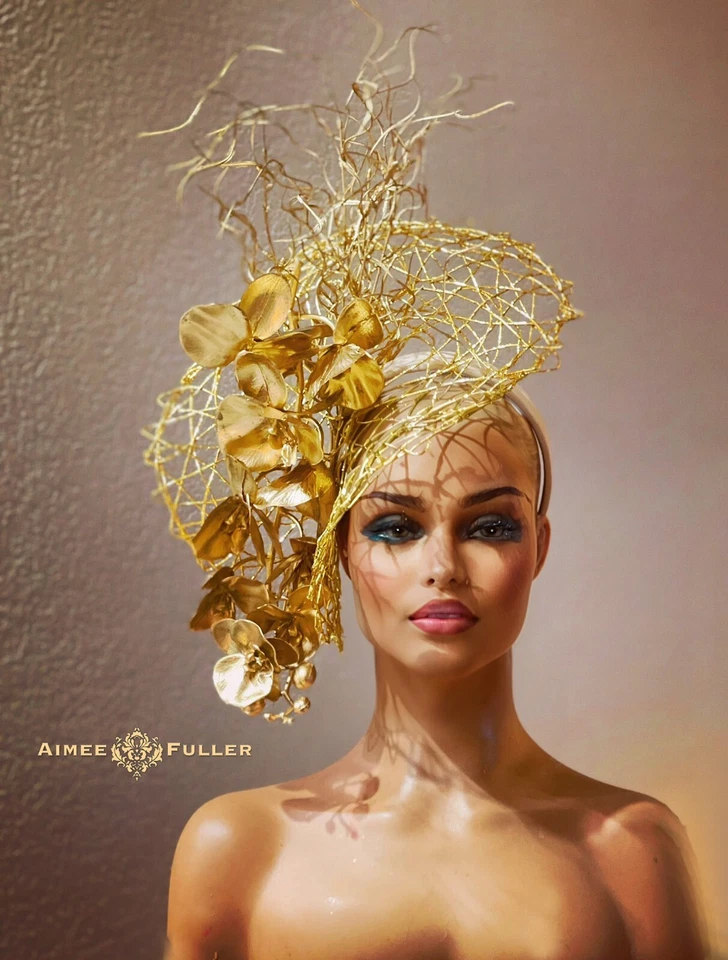 Kentucky Derby Hat Big Royal Ascot Fascinator Gold Floral Orchids Lady Gaga Hat - Image 2 of 4