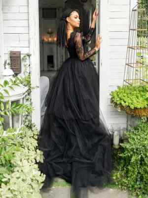 Black Gothic A Line Wedding Dresses Long Sleeve Lace Vintage Bridal Gowns Train | eBay Black Gothic A Line Wedding Dresses Long Sleeve Lace Vintage Bridal Gowns Train | eBay