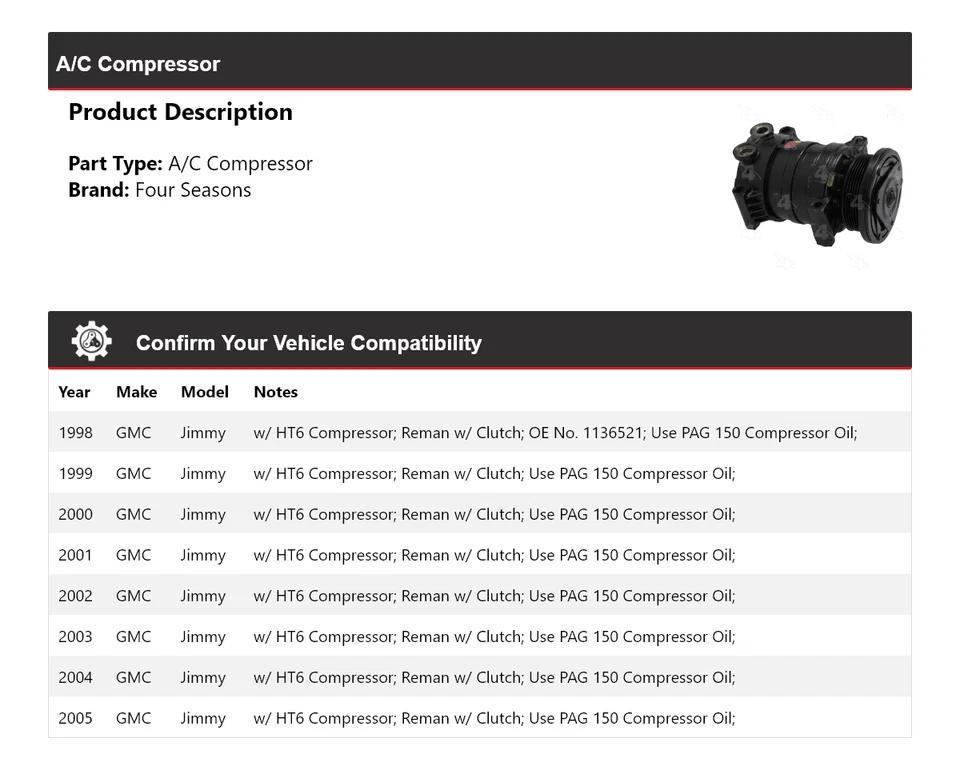 Compresor de aire acondicionado para GMC Jimmy 1998-2005 4 estaciones 1999 2000 2001 2002 2003 2004 Foto 2 de 4