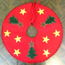 Felt Christmas Tree Skirt Primitive Trees and Stars Applique 22"