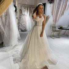 A-line Spaghetti Straps Wedding Dresses Off Shoulder Glitter Tulle Bridal Gowns