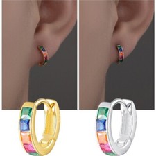 925 Silver Gold Plated Small Round Huggie Hoop Earrings Colorful Square CZ E19