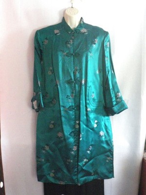 VTG Asian Changshan Men's Robe Green Brocade Mandarin Collar Frog Closures M