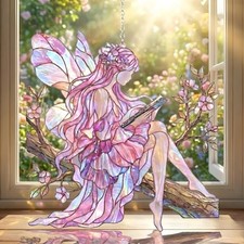Pink Spring Fairy Reading Book Acrylic Suncatcher, Blossom Fairy Window Hanging