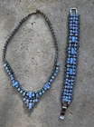 Vintage Costume Jewelry Blue Milk Glass & Rhinestone Necklace & Bracelet
