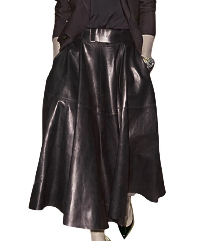 Mujer 100% Piel de Cordero Genuina Cuero Real Negro Falda Larga Acampanada Cinturón Foto 2 de 4