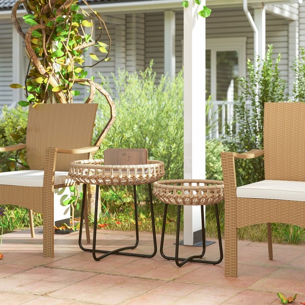 Outsunny 2Er Set Beistelltisch Polyrattan Ø60/41 Cm Rund Wetterfest Mit X-Beine-image