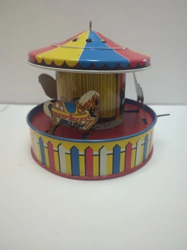 Ohio Art Co. Spring Activated Merry Go Round Tin Toy Tested No Music Vintage