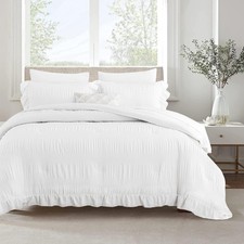 White Comforter Set Queen Size Seersucker Design with Ruffled Edges, Soft Bed...