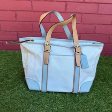 Vtg Coach Hampton Mini Tote Bag Canvas Leather Trim Light Blue White Tan Buckle