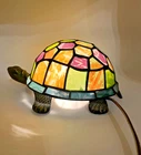 Vintage Tiffany Style Stained Glass Turtle Tortoise Green Orange Blue Lamp