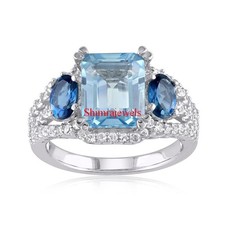 Natural Blue Topaz Gemstone With 18K White Gold Plated Silver Women's Ring 111