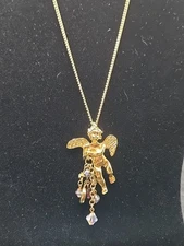 Kirks Folly Vintage Drop Dangle Cherub Angel Large Pendant Necklace Gold Tone