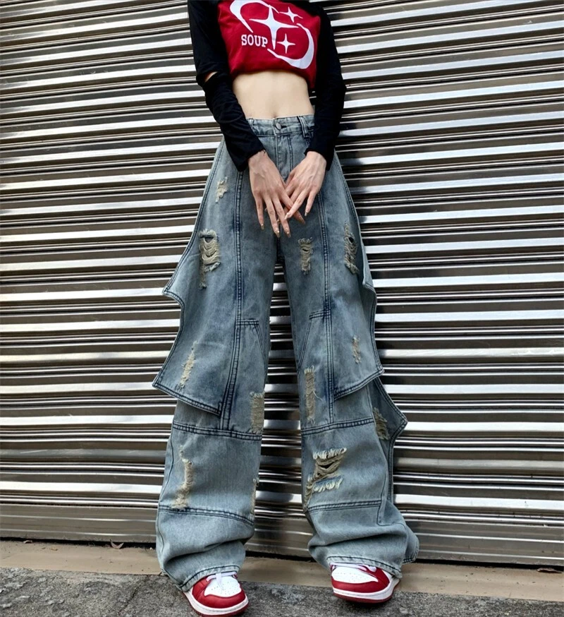 Women s ripped jeans denim Wide leg trousers loose baggy casual