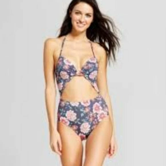 NWT Shade & Shore One Piece floral cutout swimsuit size 34DD Bra