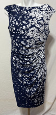Chaps Women Large Navy Blue White Floral Dress Cap Sleeve Side Ruching Lined