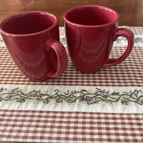 CORELLE COORDINATES STONEWARE Burgundy Red Coffee Mugs Cups Set of Two