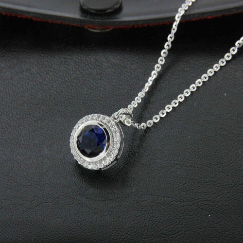 Conjunto de bisel colgante de halo de 1,20 quilates de zafiro azul creado en ... - Imagen 5 de 9