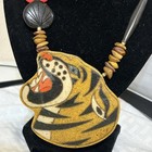 TIGER'S Eye Beads & Stacked Resin Stone Necklace Tiger Head OOAK Statement