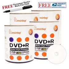 400 Smartbuy 16X DVD+R 4.7GB White Inkjet Printable Disc +Black Permanent Marker