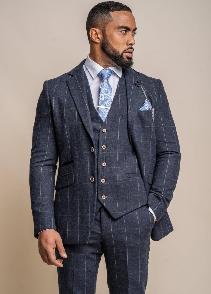 Men's Cavani Check Blue Tweed Piece Formal Wedding Slim Fit Suit