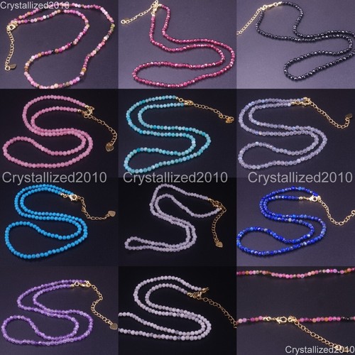 Natural Faceted Round Gemstone 3mm 4mm Handmade Beads Healing Necklace 18K Gold - Picture 29 of 44