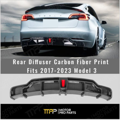 For 17-23 Tesla Model 3 Performance Carbon Fiber Print Rear Diffuser w/LED Light