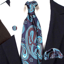 Classic Paisley Brown Blue Jacquard Silk Men's Tie Necktie Hanky Cufflink Set