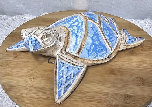 Carved Wooden Sea Turtle- Wall Decor/Figure- Beach, Sea Animal- Blue/Beige- 9.5"