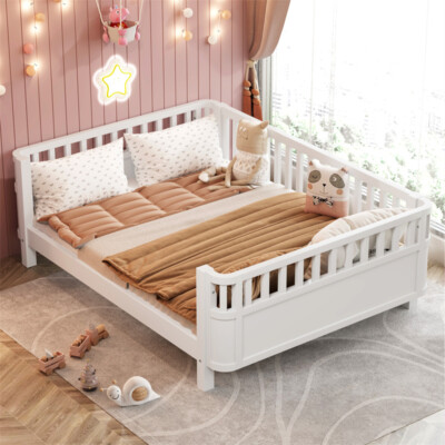 Full Size Wood Platform Bed Low Profile Bed Frame w/Rails for Girls Boys,White